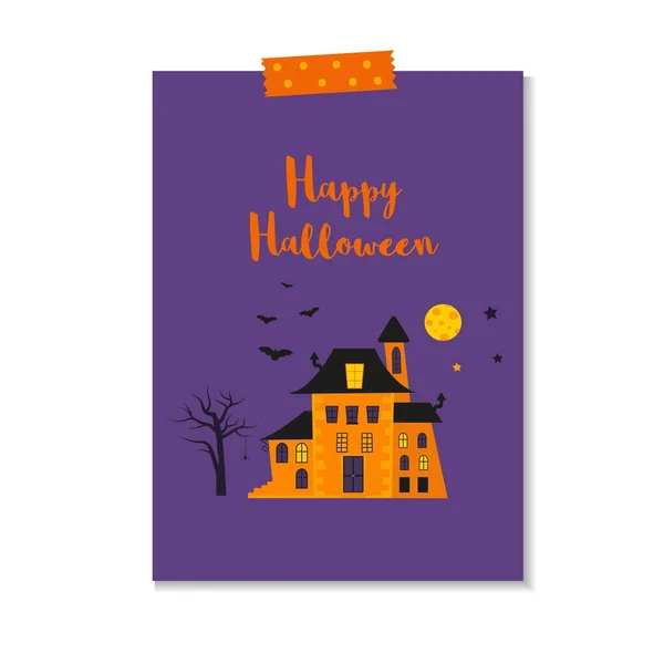 Carte Halloween Vectoriel Mignon Avec Château Chauve Souris Arbre Araignée — Image vectorielle