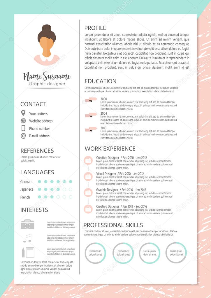 Feminine resume with infographic design. Stylish CV for women. Clean vector