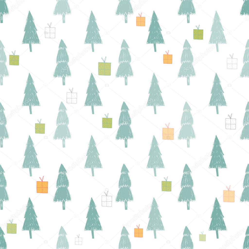 Seamless holiday pattern with forest and presents. Hand drawn Christmas background for greeting card,  posters, invitation, children room, nursery decor, interior design, prints, skrapbook, textile.
