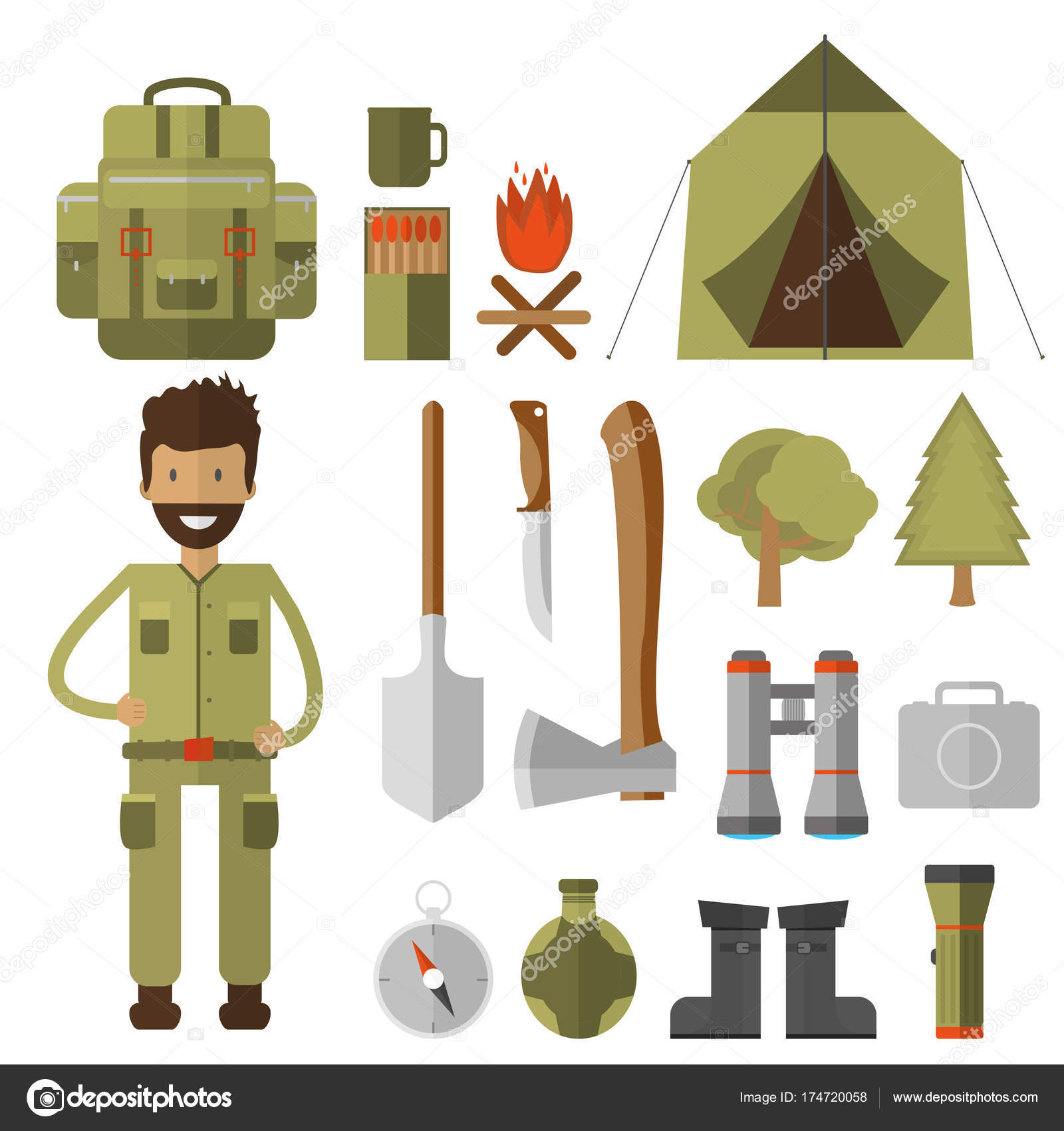 Mountain Camping Elements Set Hiking Equipment Gear Forest