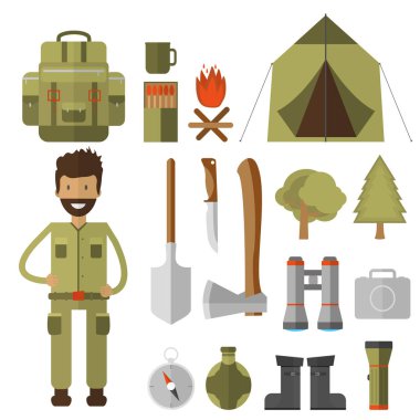 Dağ kamp öğeleri. Hiking, cihazları ve dişli orman kampı için küme. Vektör Icon collection: dürbün, fener, fener, bıçak, Pusula, sırt çantası ve çizgi film karakteri.