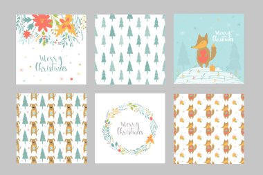 Merry Christmas ve desenler yazı ile sevimli Noel hediye kartları kümesi. Kolay düzenlenebilir bir şablona. Şirin illüstrasyon kart, poster, tişört, afiş için. Yeni yıl tasarım öğeleri