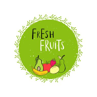 Vektör yuvarlak Eko, bio yeşil logo veya işareti. Vegan, ham, sağlıklı gıda rozet, kafeterya, restoranlar, ambalaj için etiket. Çizilmiş daire, yaprakları, yazı öğelerle bitki türden. Organik tasarım şablonu.