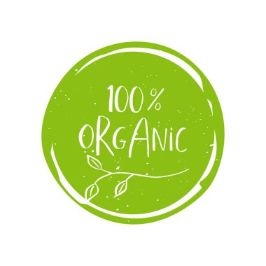 Vektör yuvarlak Eko, bio yeşil logo veya işareti. Vegan, ham, sağlıklı gıda rozet, kafeterya, restoranlar, ambalaj için etiket. Çizilmiş daire, yaprakları, yazı öğelerle bitki türden. Organik tasarım şablonu.