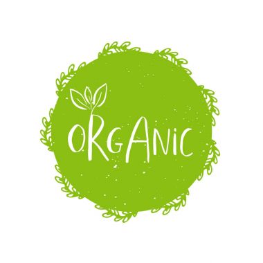 Vektör yuvarlak Eko, bio yeşil logo veya işareti. Vegan, ham, sağlıklı gıda rozet, kafeterya, restoranlar, ambalaj için etiket. Çizilmiş daire, yaprakları, yazı öğelerle bitki türden. Organik tasarım şablonu.