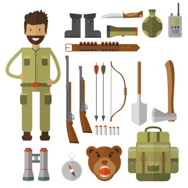 Av Ekipmanları ve dişli AVI için kümesi. Vektör simgeler koleksiyonu: tüfek, bıçak, av tüfeği, botlar, dürbün, fener, fener, pusula sırt çantası ve çizgi film karakteri 