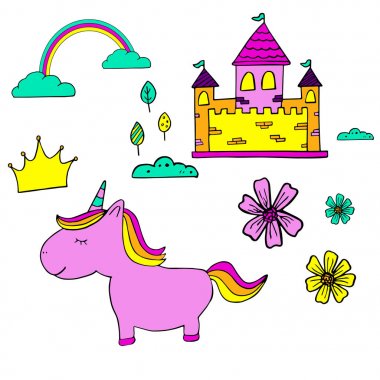 Şirin büyülü tek boynuzlu at. Tatlı, şortlar, bebek duş, kartpostal, poster, afiş, karalama defteri, etiket, davetiye tasarım için grafik kartı çocuklar. Vektör çizim doodle kreş sanatı ile.
