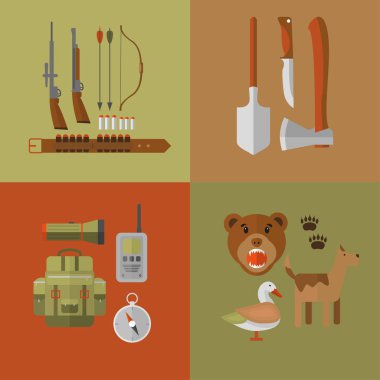 Av Ekipmanları ve dişli AVI için afiş. Vektör Icon collection: tüfek, bıçak, av tüfeği, botlar, dürbün, fener, fener, pusula sırt çantası ve çizgi film karakteri