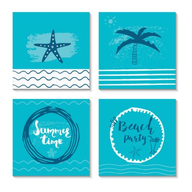 Güzel yaz poster elle çizilmiş yazı ile. Yelken, tropikal tatil, afiş, davetiye, zarf, arka plan, günlük kartlar için şablon. Hint mavi koleksiyonu