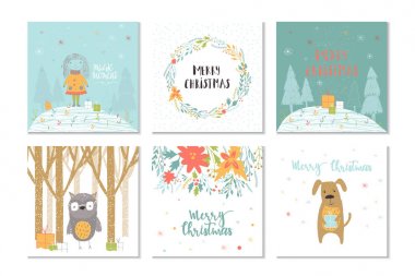 6 Merry Christmas şirin tebrik kartı ile hayvan, hediyeler ve yazı topluluğu. Posterler tatili daveti, çocuk odası, çocuk odası dekorasyonu, iç tasarım için çizilmiş tarzı el. Vektör çizim. 