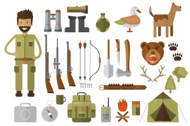 Av Ekipmanları ve dişli AVI için kümesi. Vektör simgeler koleksiyonu: tüfek, bıçak, av tüfeği, botlar, dürbün, fener, fener, pusula sırt çantası ve çizgi film karakteri 