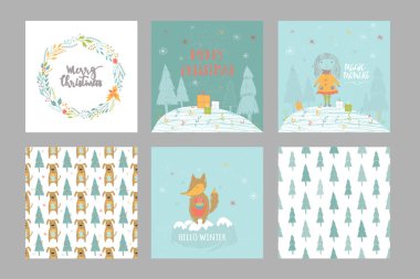 Merry Christmas ve desenler yazı ile sevimli Noel hediye kartları kümesi. Kolay düzenlenebilir bir şablona. Şirin illüstrasyon kart, poster, tişört, afiş için. Yeni yıl tasarım öğeleri