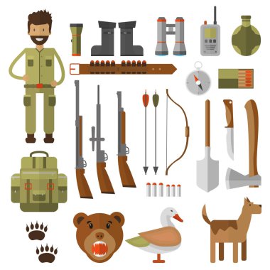 Av Ekipmanları ve dişli AVI için kümesi. Vektör simgeler koleksiyonu: tüfek, bıçak, av tüfeği, botlar, dürbün, fener, fener, pusula sırt çantası ve çizgi film karakteri 