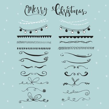 Yazı ile elle çizilmiş Noel sınırları topluluğu. Şirin ve benzersiz mürekkep swirls ve bölücüler tasarımınız için. Vektör.