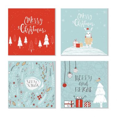 Merry Christmas ve desenler yazı ile sevimli Noel hediye kartları kümesi. Kolay düzenlenebilir bir şablona. Şirin illüstrasyon kart, poster, tişört, afiş için. Yeni yıl tasarım öğeleri