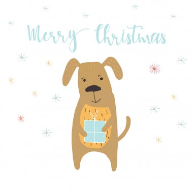 Neşeli Noel sevimli harfler, köpek ve hediyeler ile kartpostal. Posterler davet, çocuk odası, çocuk odası dekorasyonu, iç tasarım için çizilmiş tarzı el.