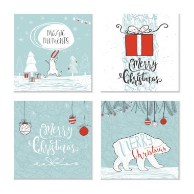 Merry Christmas ve desenler yazı ile sevimli Noel hediye kartları kümesi. Kolay düzenlenebilir bir şablona. Şirin illüstrasyon kart, poster, tişört, afiş için. Yeni yıl tasarım öğeleri