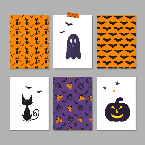 Conjunto de 6 cartões de Halloween bonitos —  Vetores de Stock