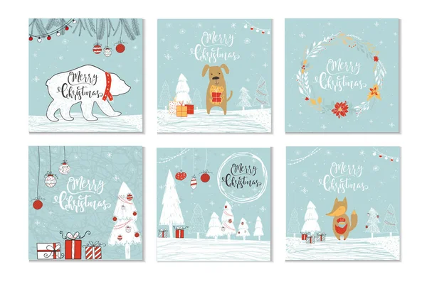 Set Cute Christmas Gift Cards Lettering Merry Christmas Patterns Easy — Stock Vector