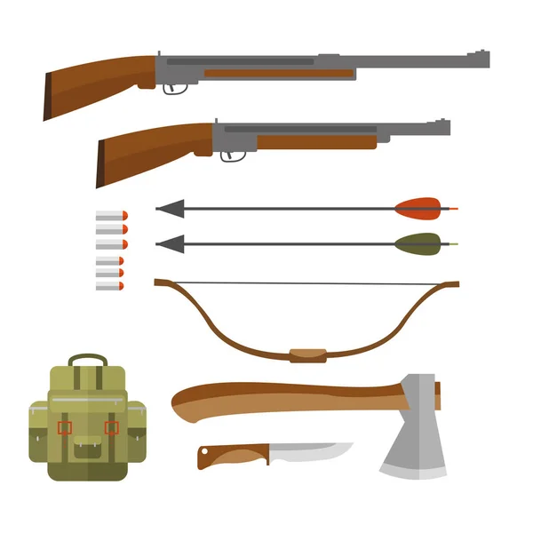 Vector flat illustration of hunting gear and weapons — Stock Vector