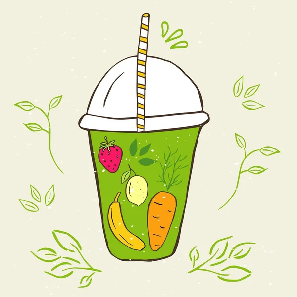 Pot Dessiné Main Avec Smoothies Pomme Baies Banane Carotte Détox — Image vectorielle