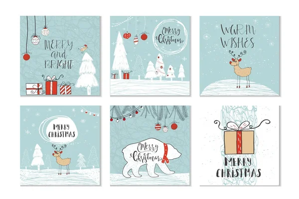 Merry Christmas ve desenler yazı ile sevimli Noel hediye kartları kümesi. Kolay düzenlenebilir bir şablona. Şirin illüstrasyon kart, poster, tişört, afiş için. Yeni yıl tasarım öğeleri