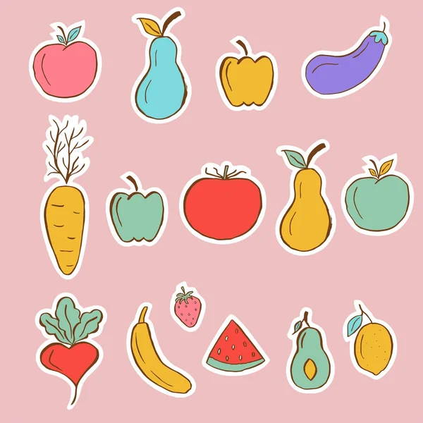 野菜や果物の健康的なステッカー ダイエット エコ食品 菜食主義者と栄養の概念の利点について品質のベクトルの背景 — ストックベクタ