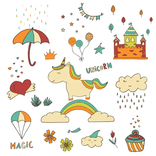 Insignias Parche Unicornio Con Corazón Pastel Nube Castillo Arco Iris — Vector de stock