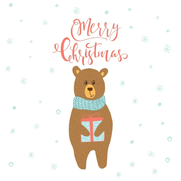 Merry Christmas Cute Greeting Card Bear Gift Presents Hand Drawn — Stock Vector