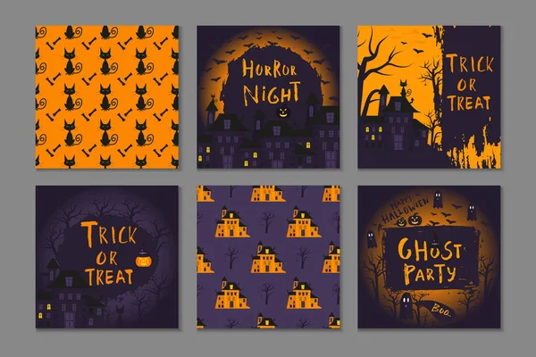 Samling Happy Halloween Affischer Design Med Traditionella Symboler Och Handen — Stock vektor