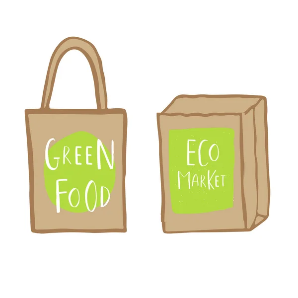 Handgezeichnete Einkaufstasche Mit Schriftzug Grüne Lebensmittel Und Ökomarkt Stoff Baumwollstoff — Stockvektor
