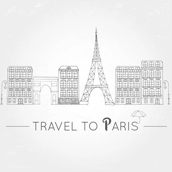 手绘巴黎地平线 葡萄酒法国 媒介城市横幅与大厦和埃菲尔铁塔为明信片或网 — 图库矢量图片