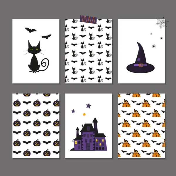 Set mit 6 niedlichen Halloween-Karten — Stockvektor