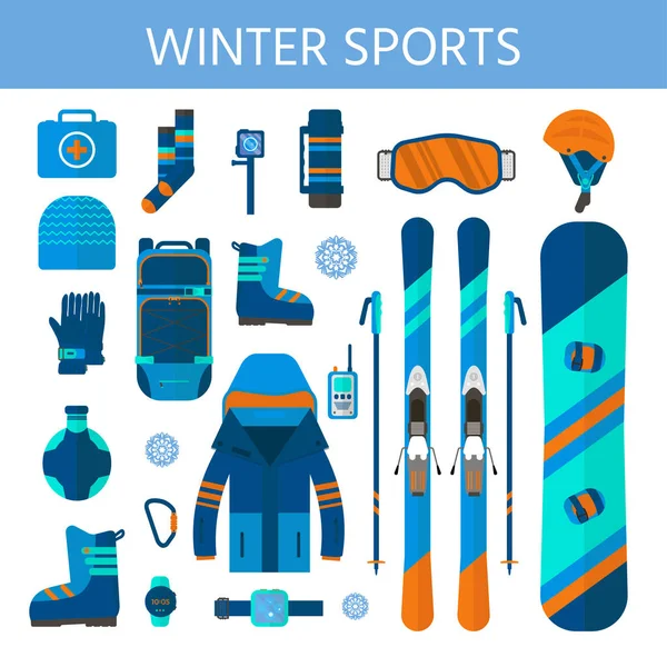 Winter sport icons collection. Skiing and snowboarding set equipment isolated on white background in flat style design. Elements for ski resort picture, mountain activities, vector illustration.