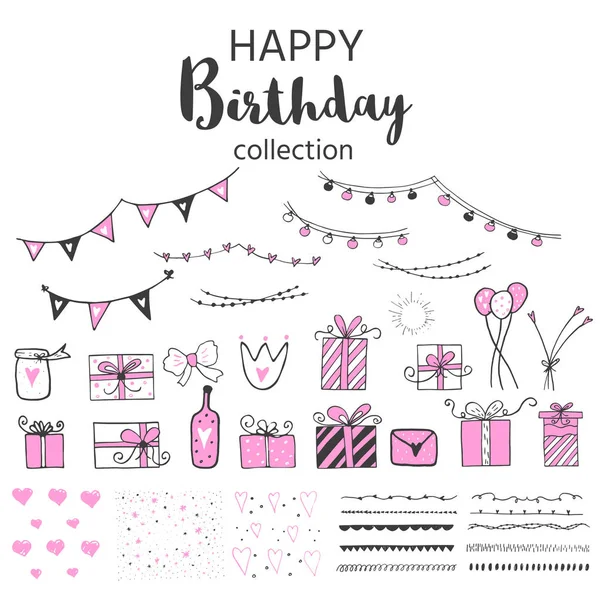 Birthday Party Icons Set Black Pink Colors Hand Drawn Elements — Stock Vector