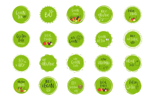 Colección Vectores Eco Bio Verde Logotipos Signos Insignias Alimentos Veganos — Vector de stock