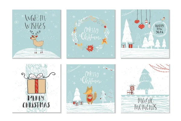 メリー クリスマスとパターンをレタリングでかわいいクリスマス ギフト カードのセットです 簡単な編集可能なテンプレート カード ポスター シャツ バナーのキュートなイラスト 新年デザイン要素 — ストックベクタ