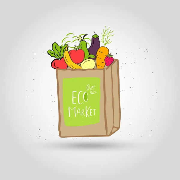 Hand Drawn Shopping Bag Lettering Eco Market Green Food Fruits — Stock Vector