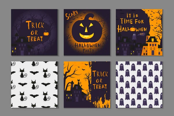 Collectie Van Happy Halloween Posters Ontwerpen Met Traditionele Symbolen Met — Stockvector