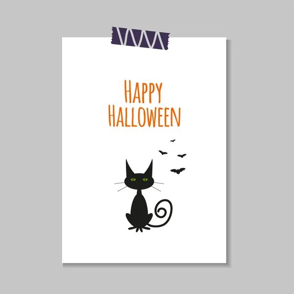 Cute Vector Halloween Card Cat Ghost Bat Elements Objects Holiday — Stock Vector
