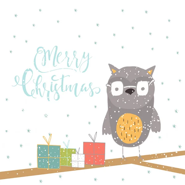 Merry Christmas Cute Greeting Card Owl Presents Hand Drawn Style — Stock Vector