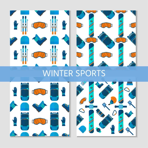 Collection of 4 winter sport patterns. Skiing and snowboarding set equipment isolated on white background in flat style design for decorative wallpaper, printing, backdrop, scrapbook.