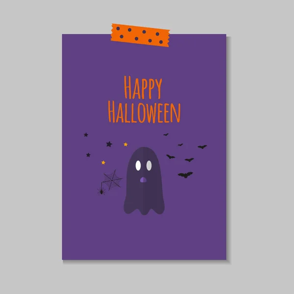 Söt Vektor Halloween Kort Med Ghost Spindel Bat Element Objekt — Stock vektor