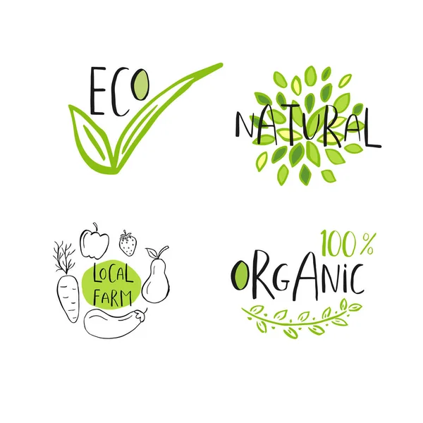 Vector Eco Bio Logotipo Verde Sinais Vegan Crachá Comida Saudável — Vetor de Stock