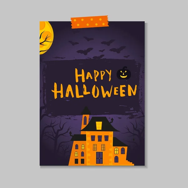 Cute Vector Halloween Card Pumpkin Castle Cat Ghost Bat Elements — Stock Vector