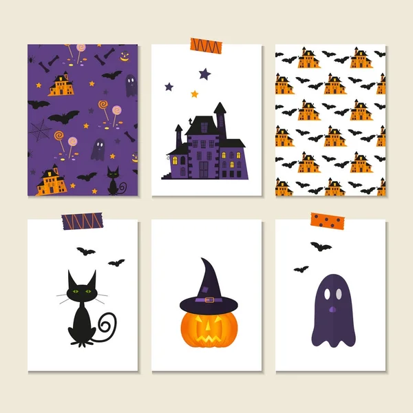 Set mit 6 niedlichen Halloween-Karten — Stockvektor