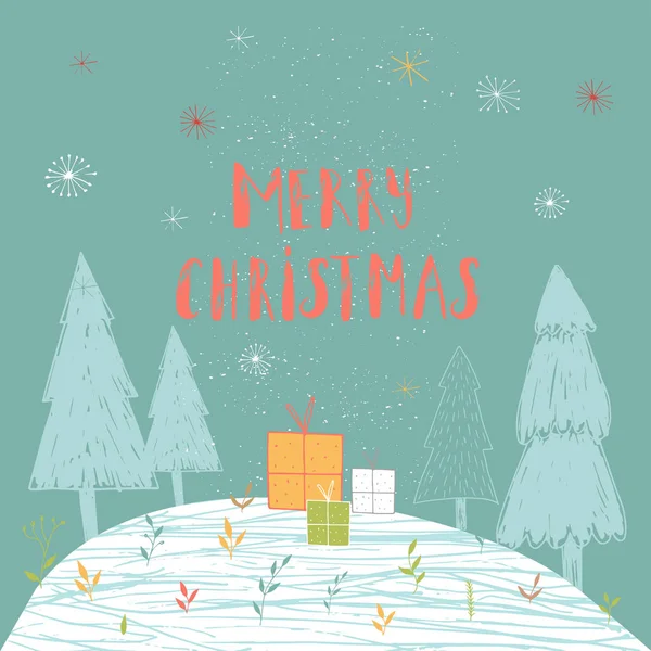 Merry Christmas Cute Greeting Card Forest Presents Hand Drawn Style — Stock Vector