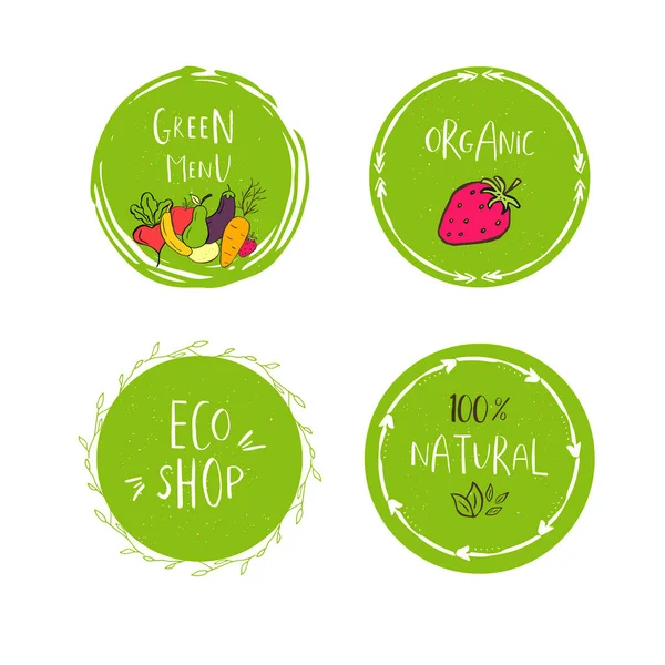 Sbírka Vektorových Eco Bio Zelený Logotypy Nebo Známky Veganské Raw — Stockový vektor