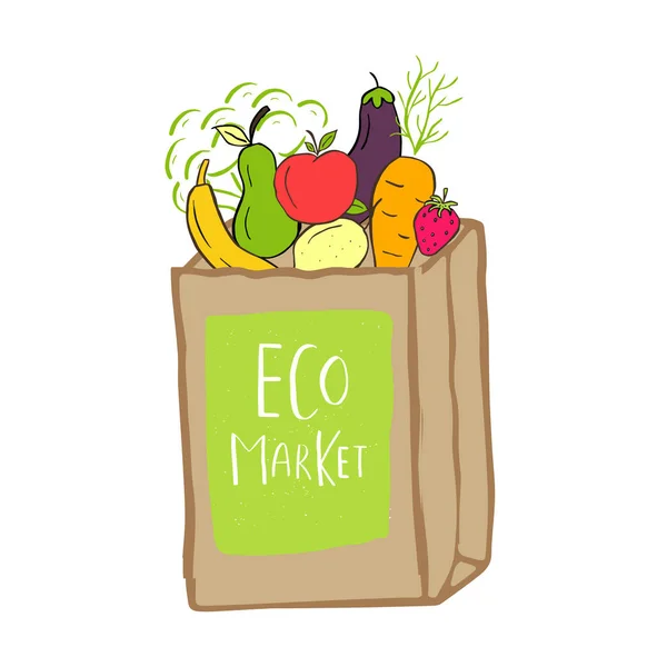 Handgezeichnete Einkaufstasche Mit Schriftzug Ökomarkt Für Grüne Lebensmittel Obst Gemüse — Stockvektor