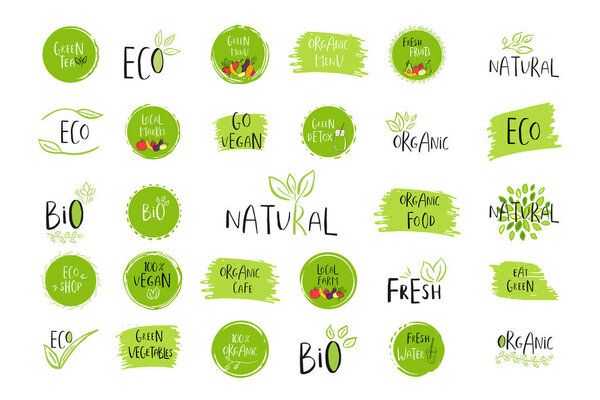 Collection of vector eco, bio green logotypes or signs. Vegan, raw, healthy food badges, tags for cafe, restaurants, products packaging. Hand drawn leaves, branches with lettering. Organic design.